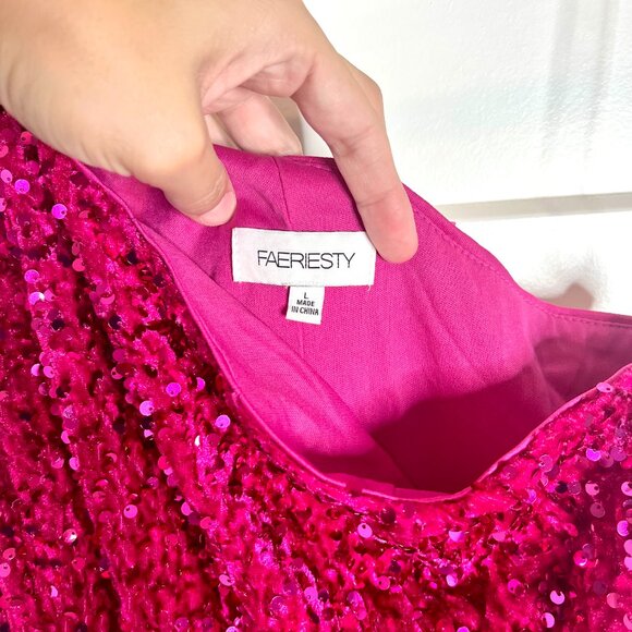 Faeriesty Fuchsia One Shoulder Sleeveless Sequin A Line Dress Cocktail Party L - Picture 3 of 5